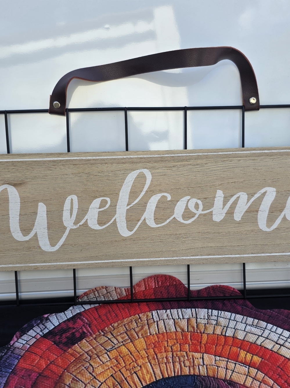 Welcome Wall Sign with Brown Leather Strap